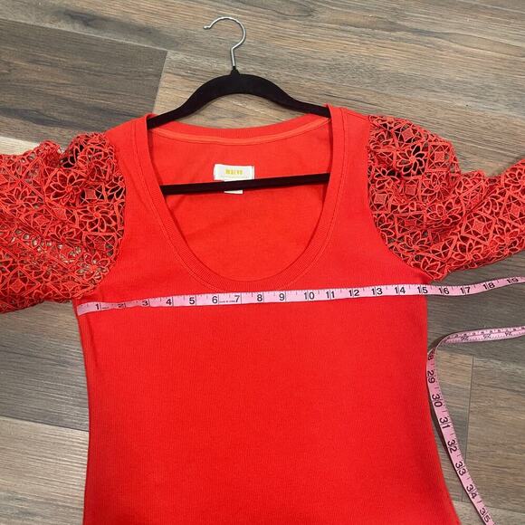 Maeve Small Lace Crochet Sleeve Top Red Cotton Blend Rib Scoop Neck - Picture 11 of 11